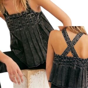 New FREE PEOPLE Cotton Marina Denim Babydoll Crop Top Dark Gray Black S
